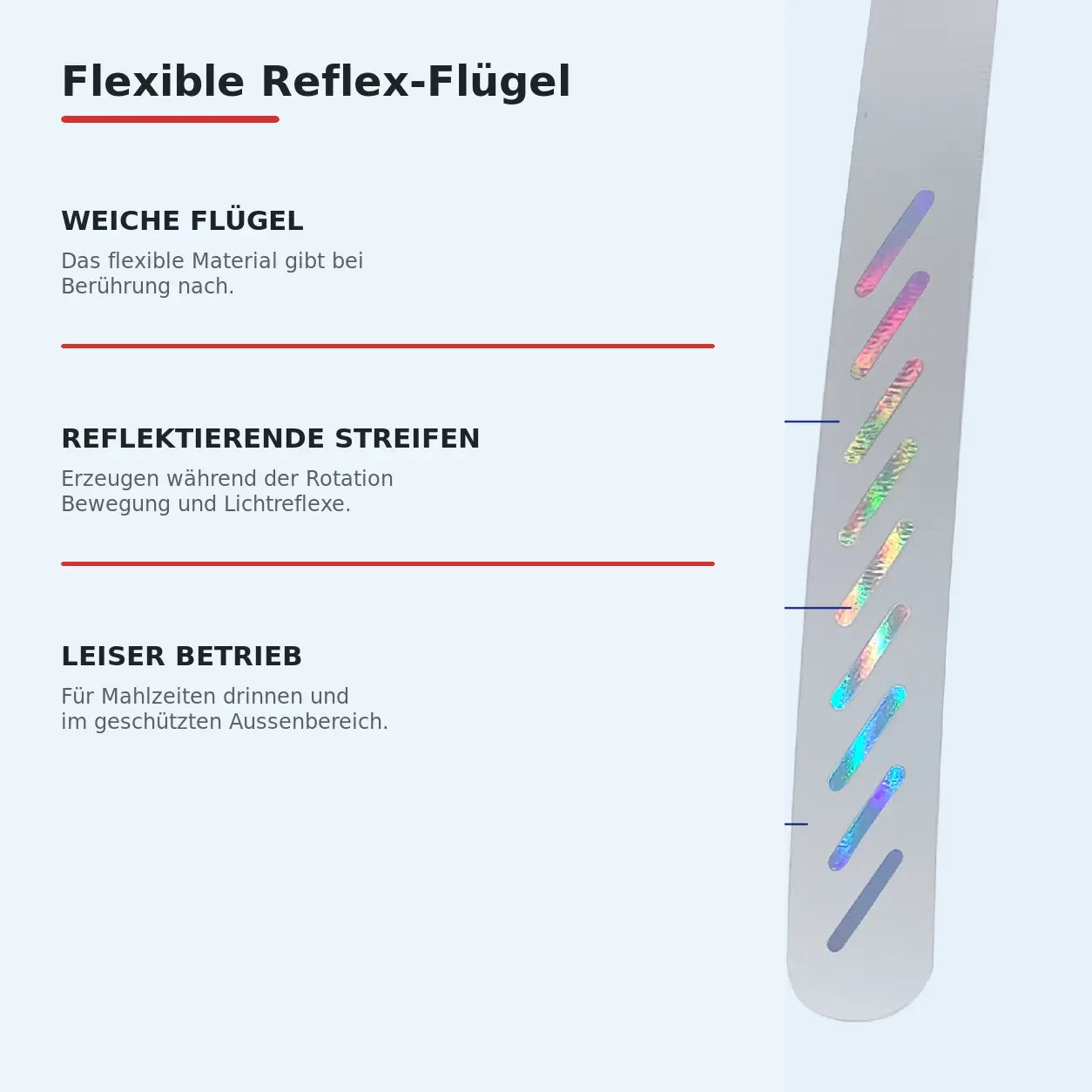 Flexible Flügel mit reflektierenden Streifen am Fliegenwedler