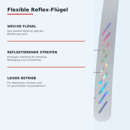 Flexible Flügel mit reflektierenden Streifen am Fliegenwedler