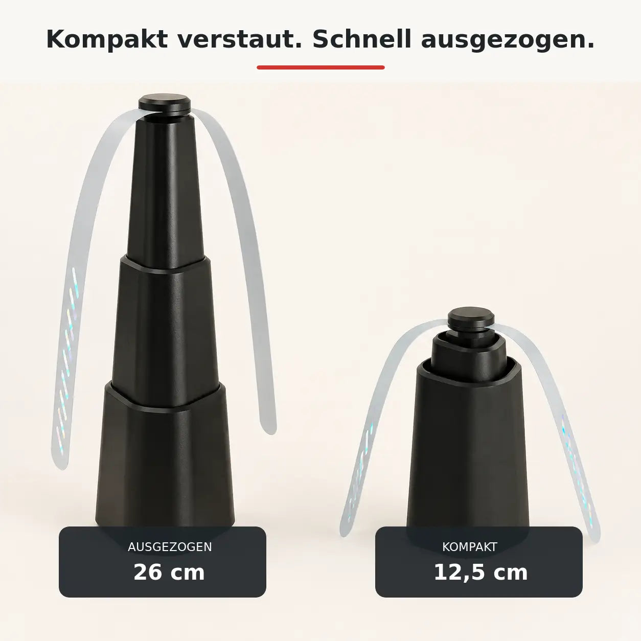 Fliegenwedler kompakt mit 12,5 cm und ausgezogen mit 26 cm Höhe