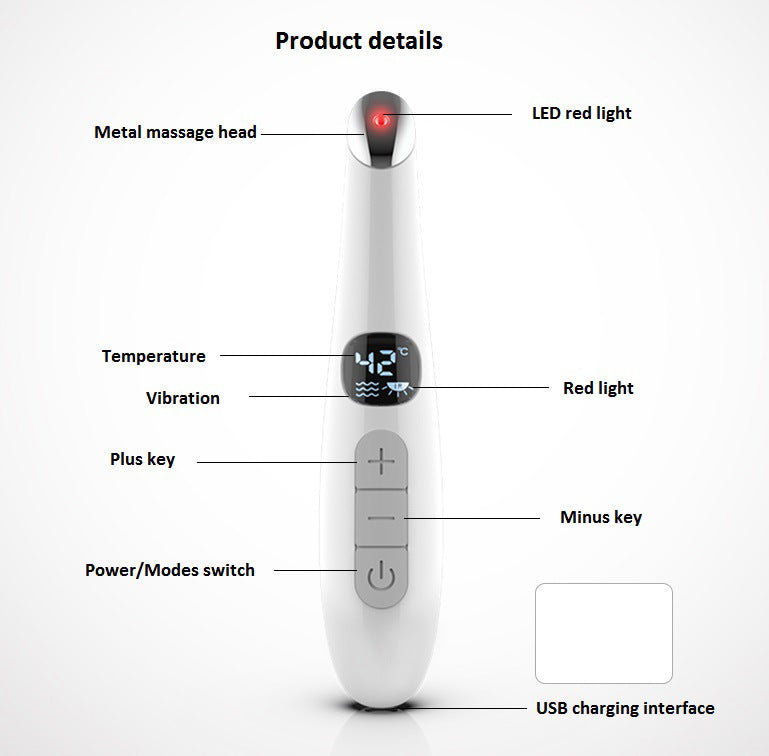 Technische Merkmale des Augenmassage-Geräts mit LED-Rotlicht und USB-Ladeanschluss