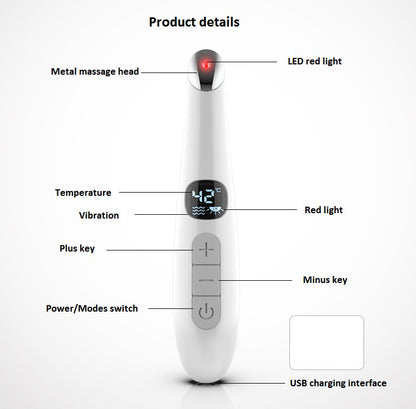 Technische Merkmale des Augenmassage-Geräts mit LED-Rotlicht und USB-Ladeanschluss