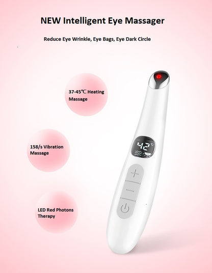 Übersicht der Funktionen des Augenmassage-Geräts: Wärme, Vibration, LED-Rotlicht