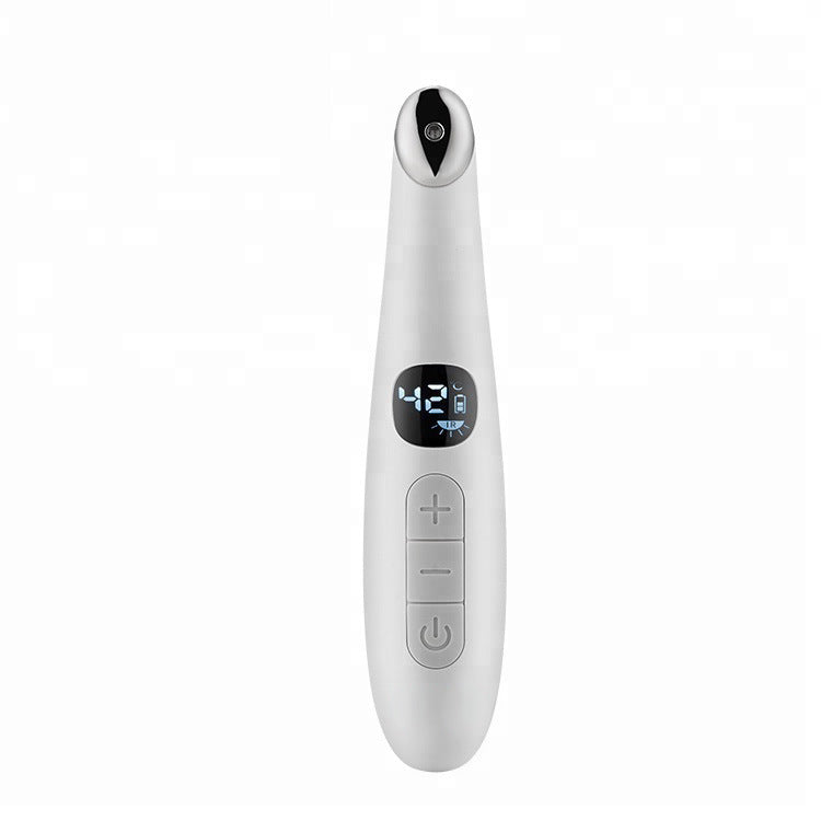 Weisses Augenmassage-Gerät mit LCD-Display und Metall-Massagekopf