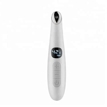 Weisses Augenmassage-Gerät mit LCD-Display und Metall-Massagekopf