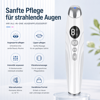 Infografik zum Augenpflegegerät mit Wärmefunktion, Vibration und rotem Licht
