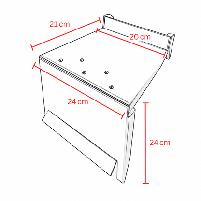 Massgrafik eines Garos Böschungstritts: 24 cm hoch, 24 cm breit und 21 cm tief, mit einer Trittfläche von 20 × 21 cm.