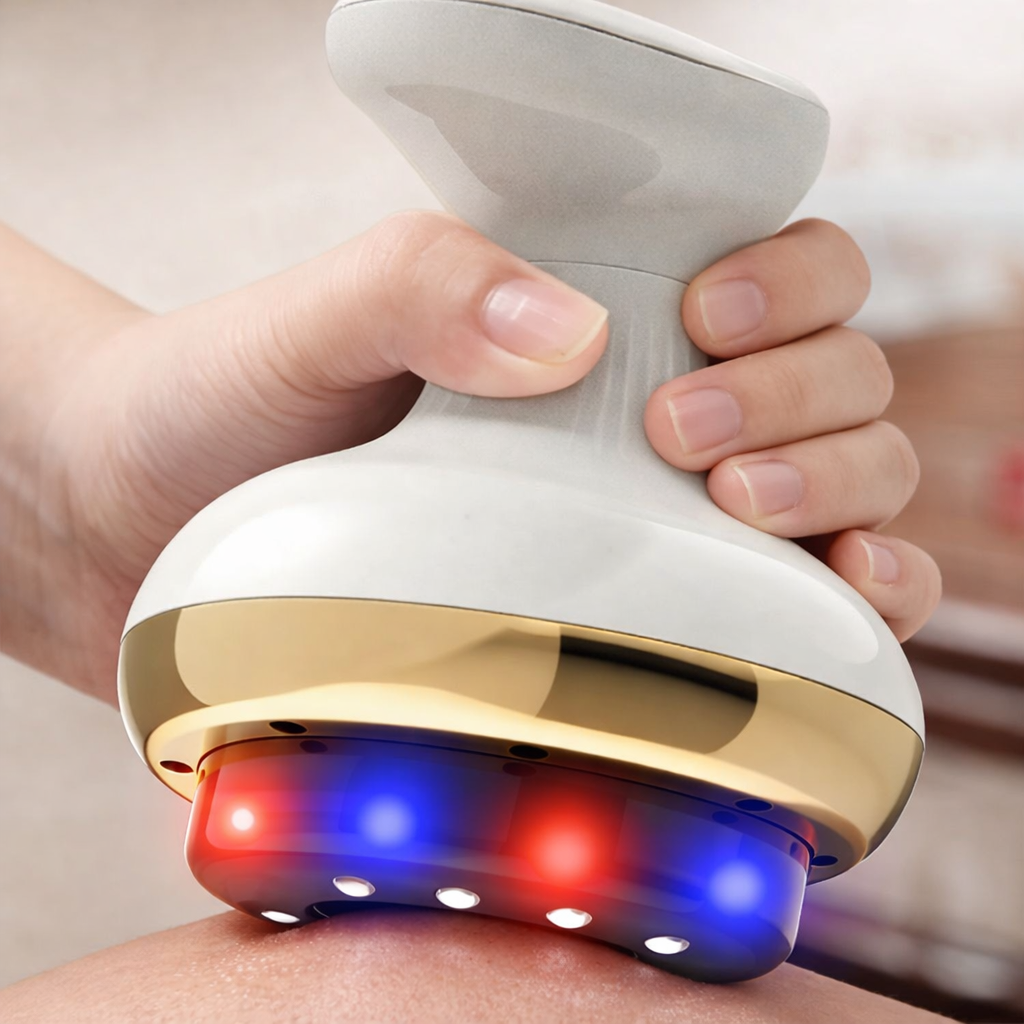 Garos Vakuum-Massage Pro bei der Anwendung am Oberschenkel mit Wärmefunktion