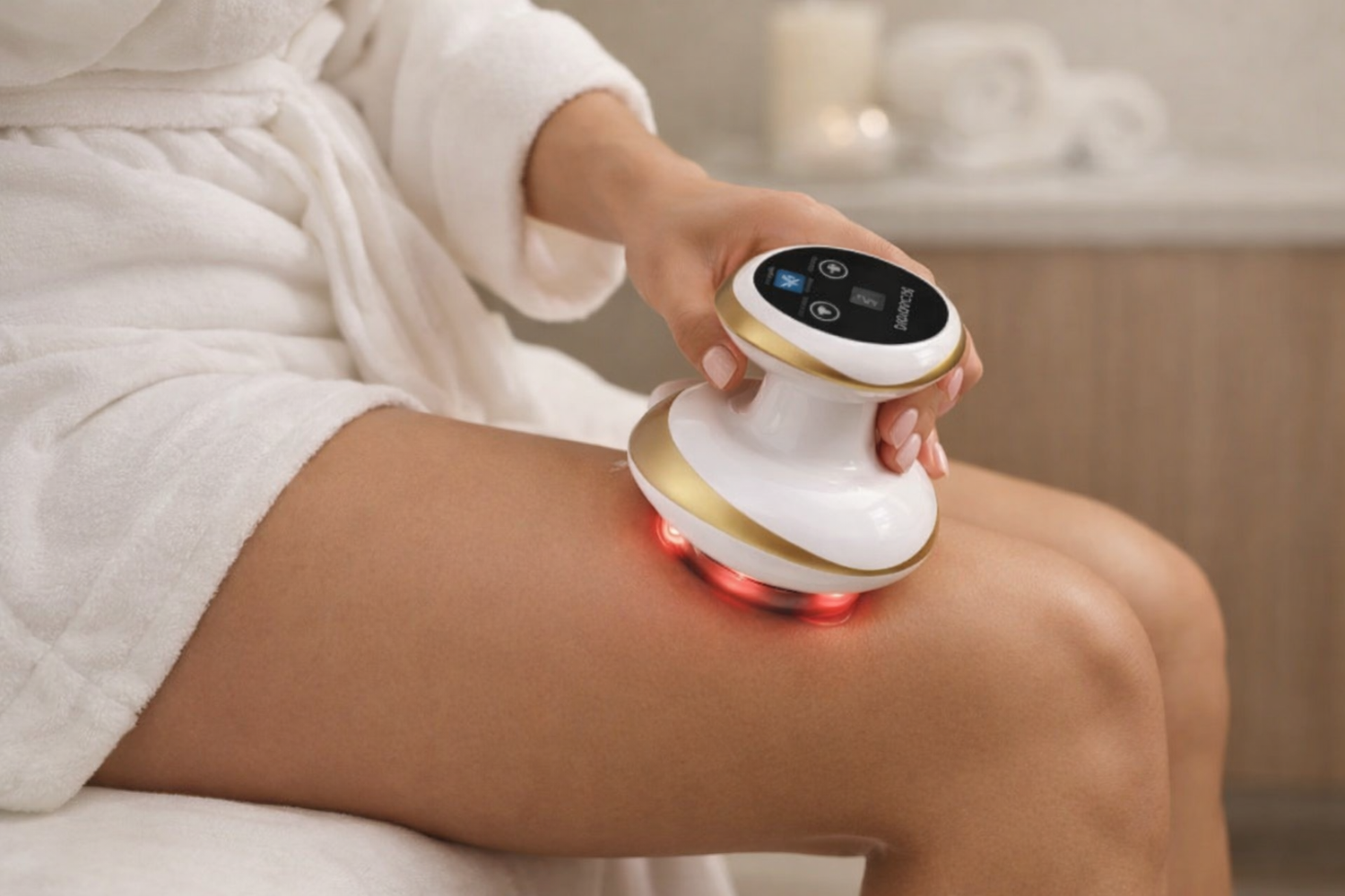 Garos Vakuum-Massage Pro bei der Anwendung am Oberschenkel mit Wärmefunktion