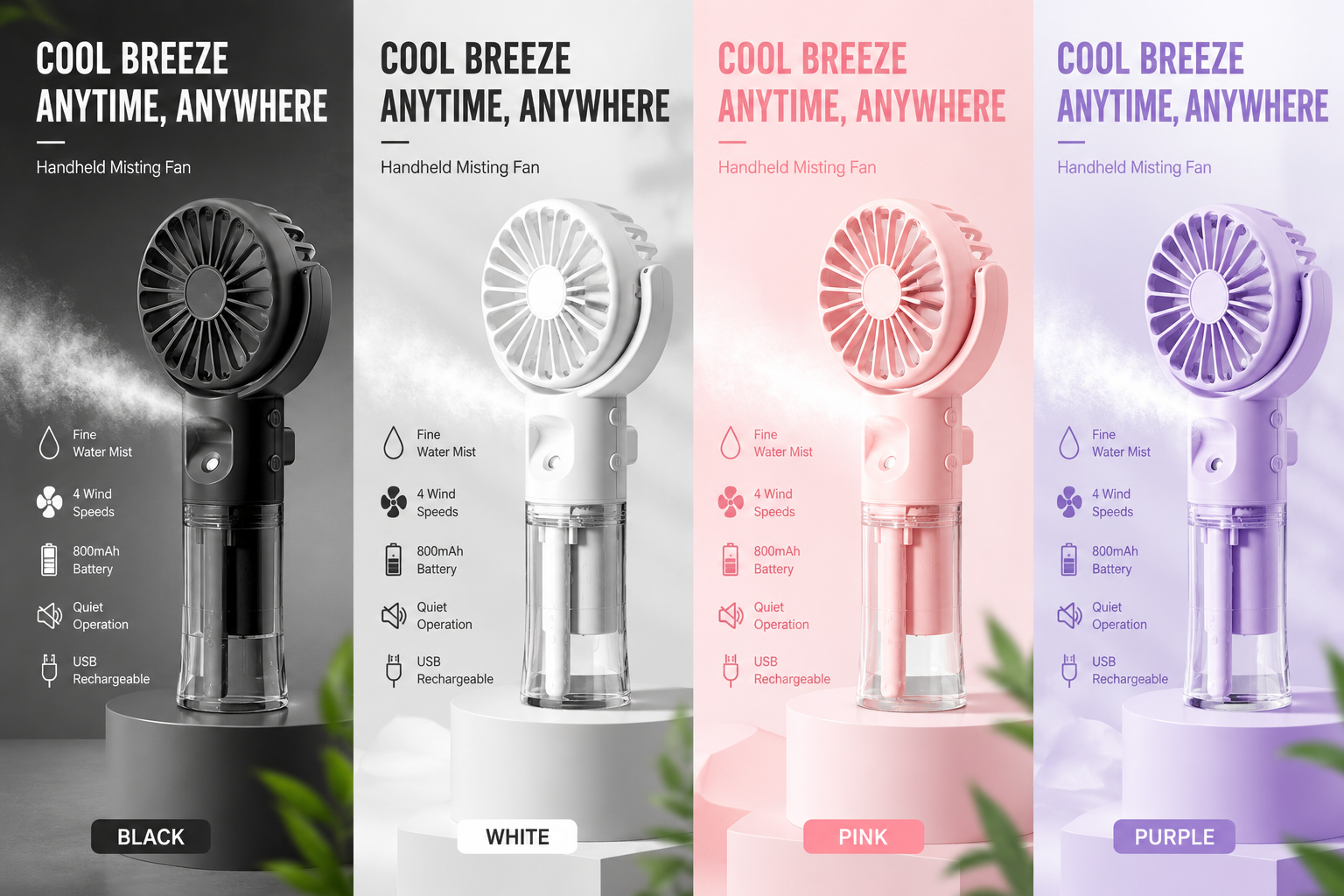 Handventilator mit Wassernebel in Schwarz, Weiss, Rosa und Violett
