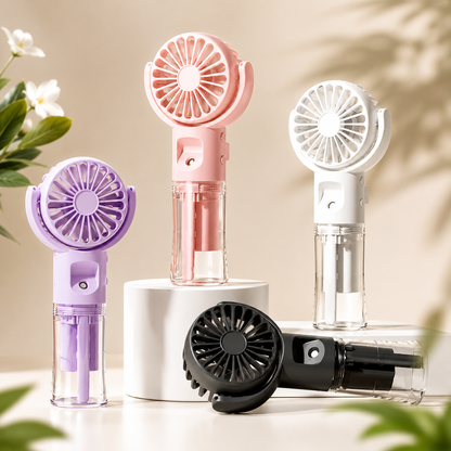 Handventilator mit Wassernebel in Schwarz, Weiss, Rosa und Violett