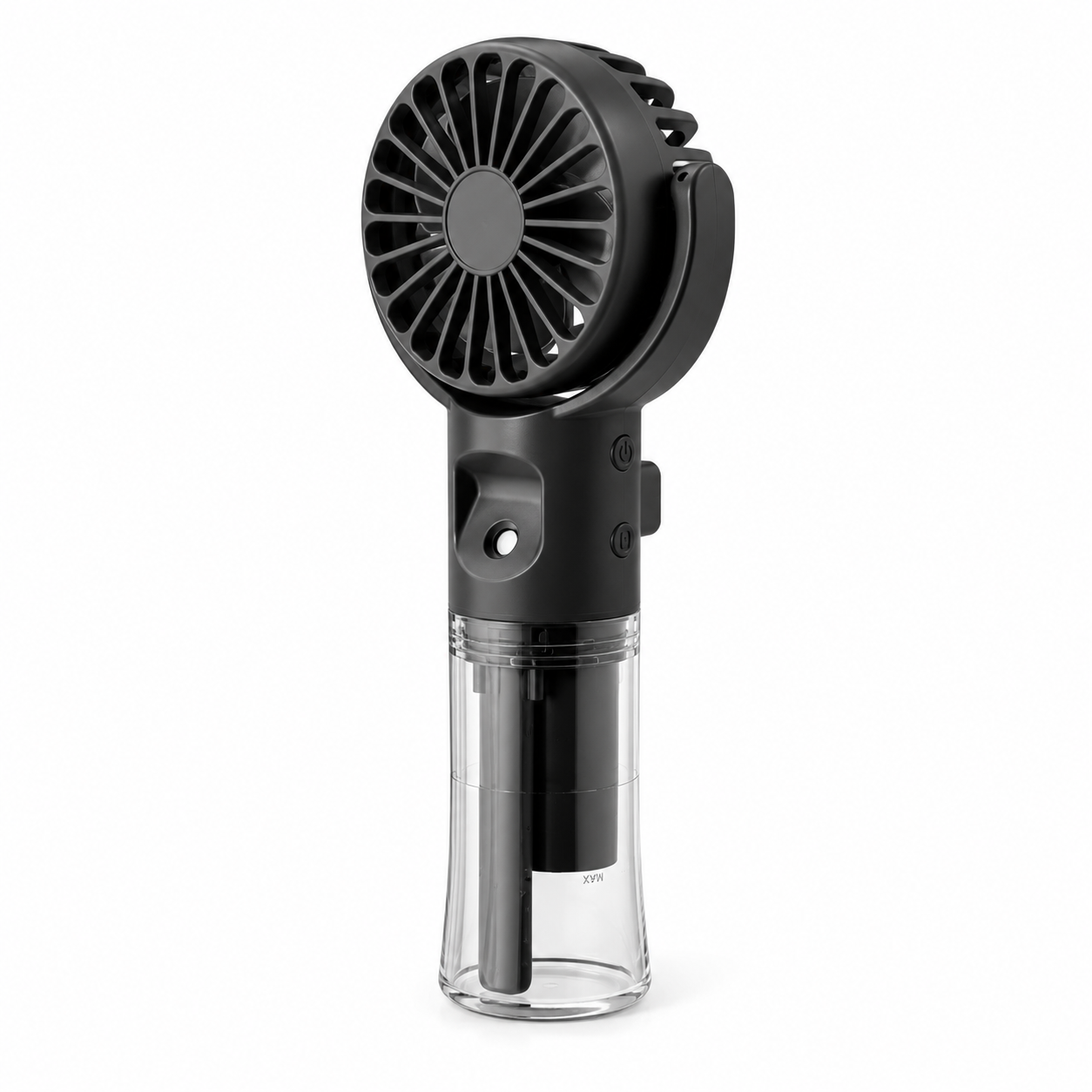 Schwarzer Handventilator mit feinem Wassernebel und transparentem Wassertank