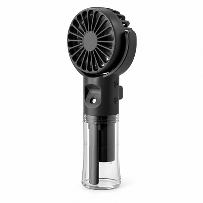 Schwarzer Handventilator mit feinem Wassernebel und transparentem Wassertank