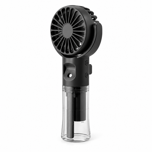 Schwarzer Handventilator mit feinem Wassernebel und transparentem Wassertank