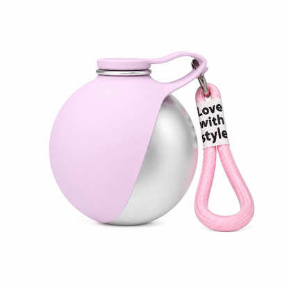 Faltbare Hunde-Trinkflasche aus Edelstahl und Silikon in Rosa mit Karabiner und Tragekordel