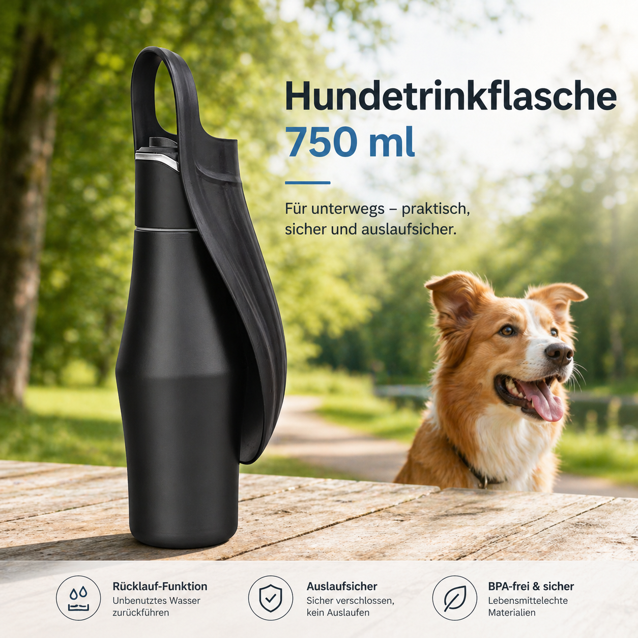 Trinkflasche für Hunde mit Edelstahlflasche und breitem Trinknapf