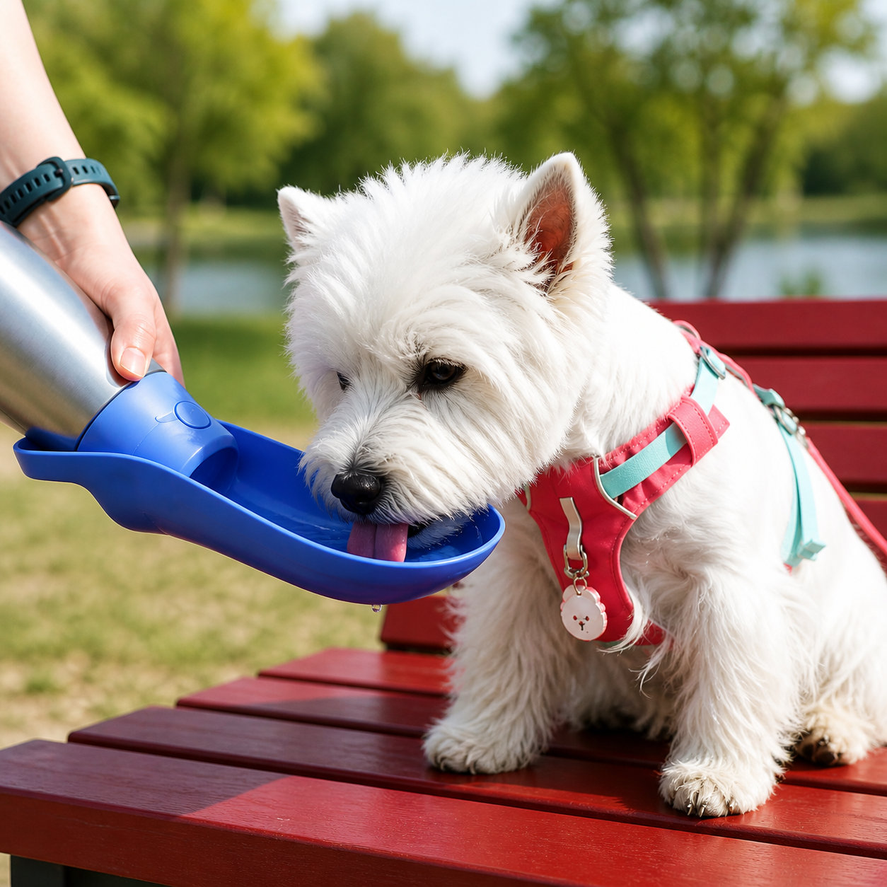 Trinkflasche für Hunde mit Edelstahlflasche und breitem Trinknapf