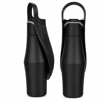 Hundetrinkflasche 750 ml aus Edelstahl mit schwarzem Trinknapf und Griff, Vorder- und Seitenansicht auf weissem Hintergrund