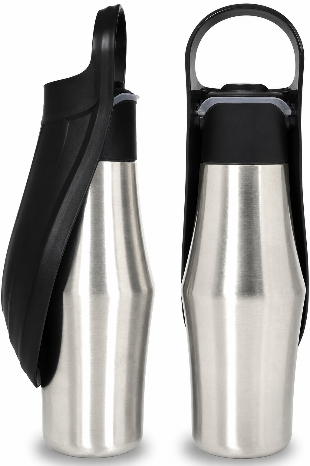 Hundetrinkflasche 750 ml aus Edelstahl mit schwarzem Trinknapf und Griff, Vorder- und Seitenansicht auf weissem Hintergrund