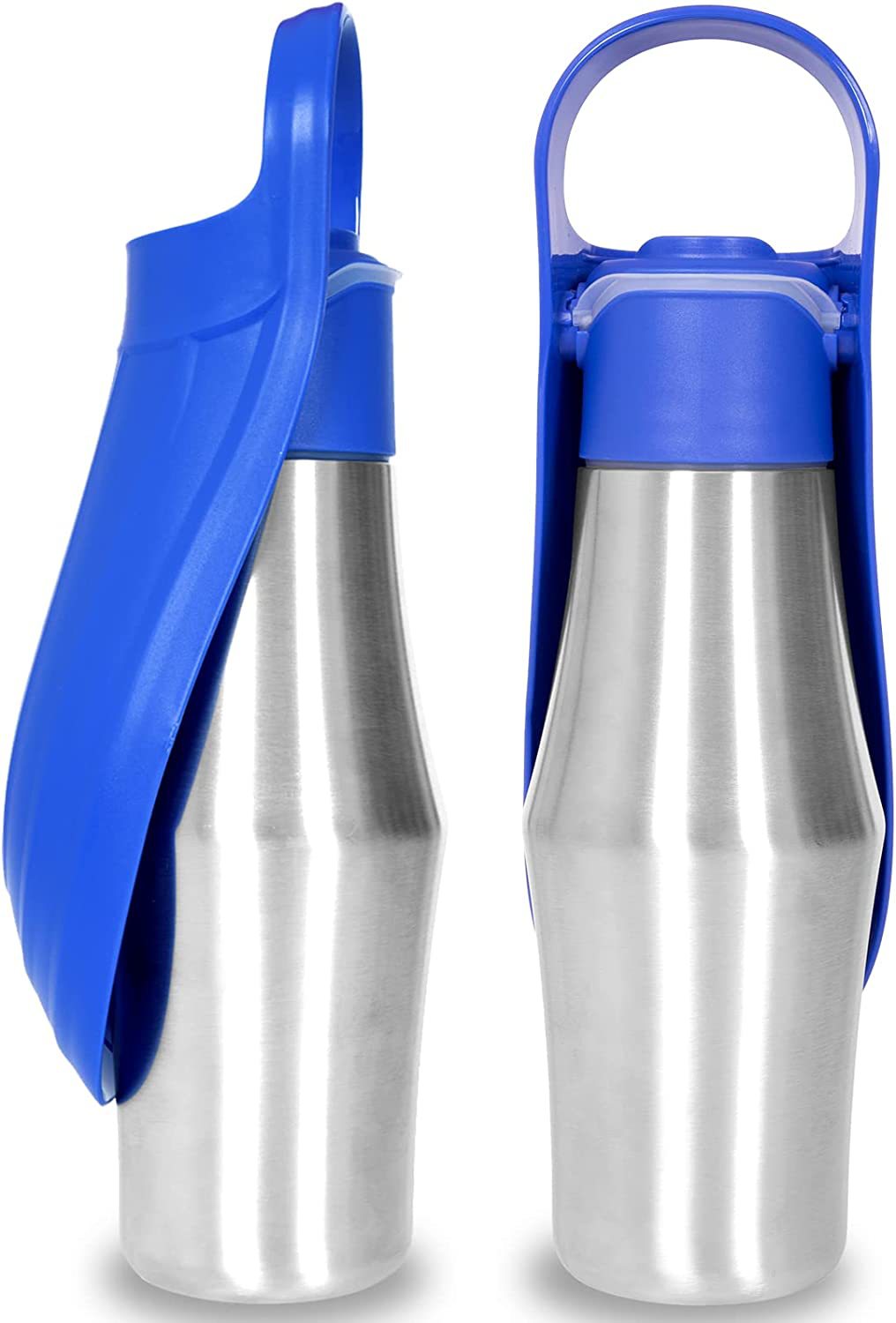 Blaue Hundetrinkflasche mit ausklappbarem Trinknapf für Spaziergänge und Reisen