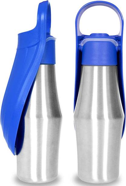 Blaue Hundetrinkflasche mit ausklappbarem Trinknapf für Spaziergänge und Reisen