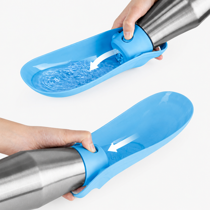 Hundetrinkflasche mit Trinknapf und Rücklauf-Funktion zum Zurückführen von nicht getrunkenem Wasser