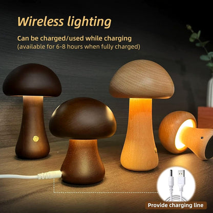 Kabellose Holz-Pilzlampen mit USB-Ladekabel – 6 bis 8 Stunden Akkulaufzeit