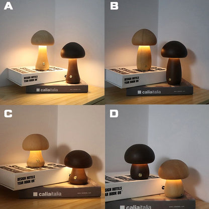 Pilzlampe Holz – Übersicht der vier Modelle A, B, C und D in Buche und Nussbaum