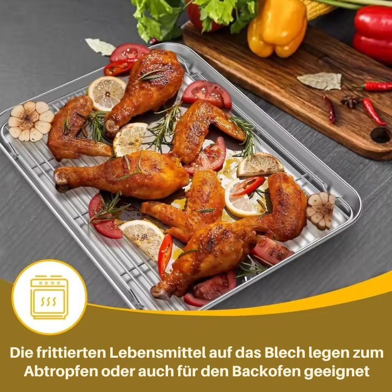 Profi-Abtropfschale mit Gitter für die Frittierküche – hält Speisen knusprig und reduziert Fettaufnahme.